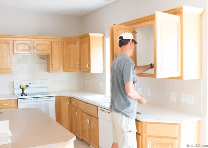 the amazing 10 dollar mini kitchen makeover no cabinet painting, Removing Upper Cabinets