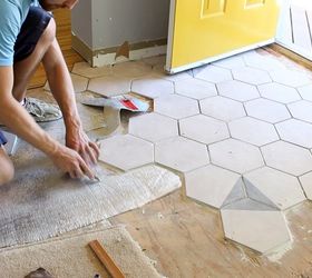 hexagon tile floor transition entrance