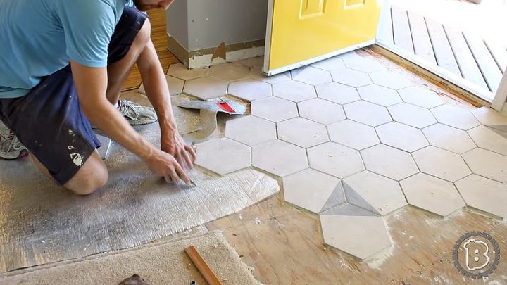 hexagon tile floor transition entrance