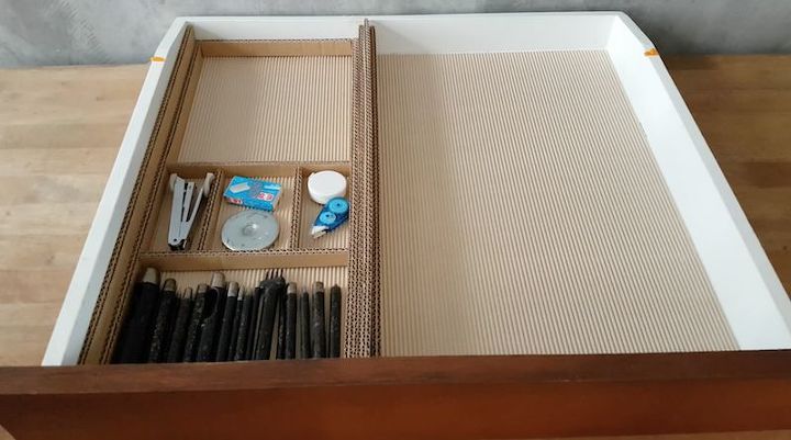 diy desk drawer organizer with sliding trays from cardboard box