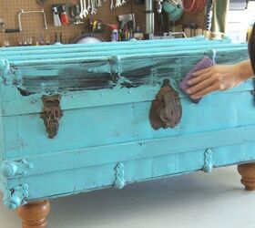 vintage trunk turned treasure, A damp sponge and a little paint to distress