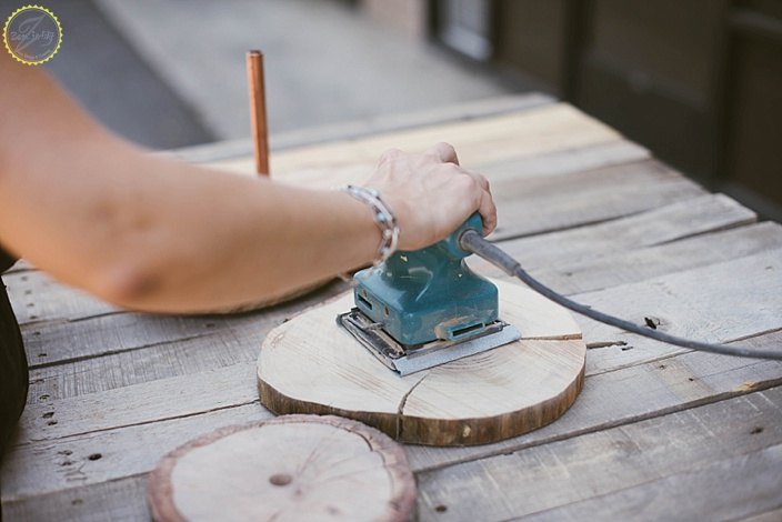 diy copper and wood slice dessert stand