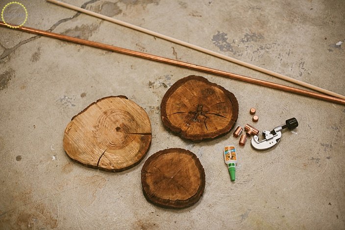 diy copper and wood slice dessert stand