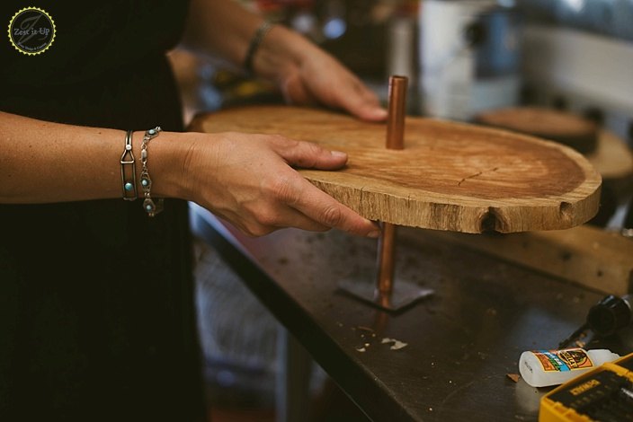 diy copper and wood slice dessert stand
