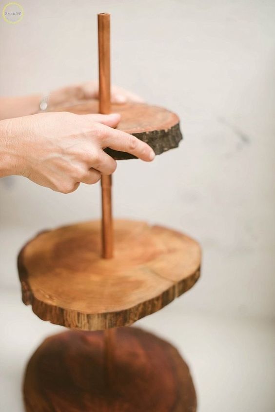 diy copper and wood slice dessert stand