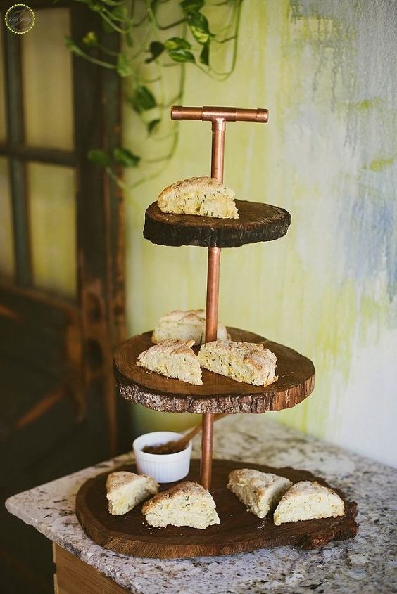 diy copper and wood slice dessert stand