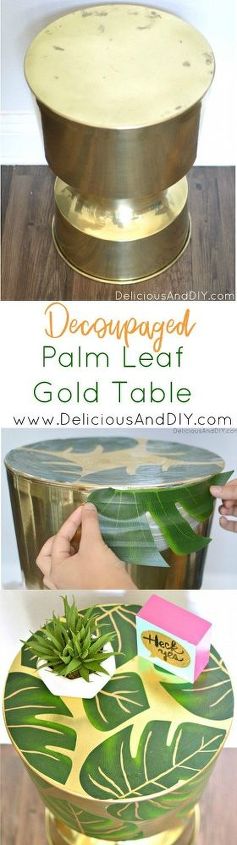 mesa com detalhes em folha de palmeira dourada com decoupage