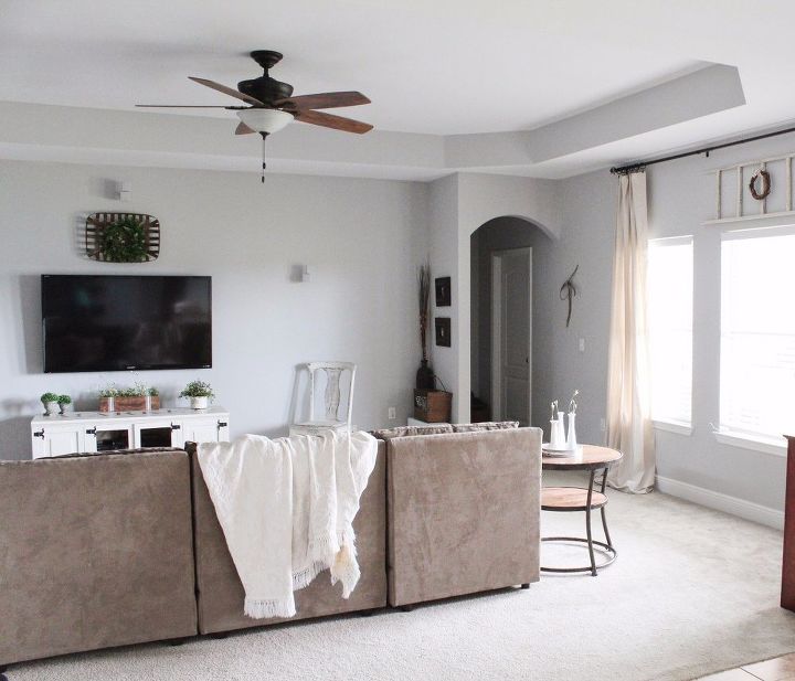 modern farmhouse living room refresh with diy drop cloth curtains