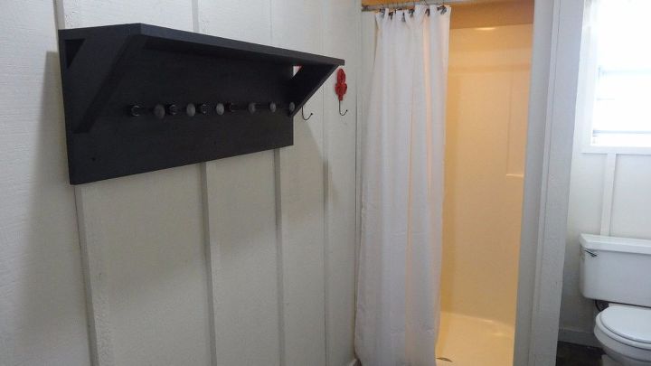 industrial farmhouse bathroom shelf with hooks