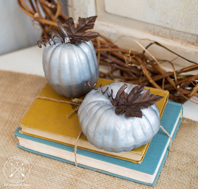 how to makeover dollar store pumpkins with a faux galvanized finish