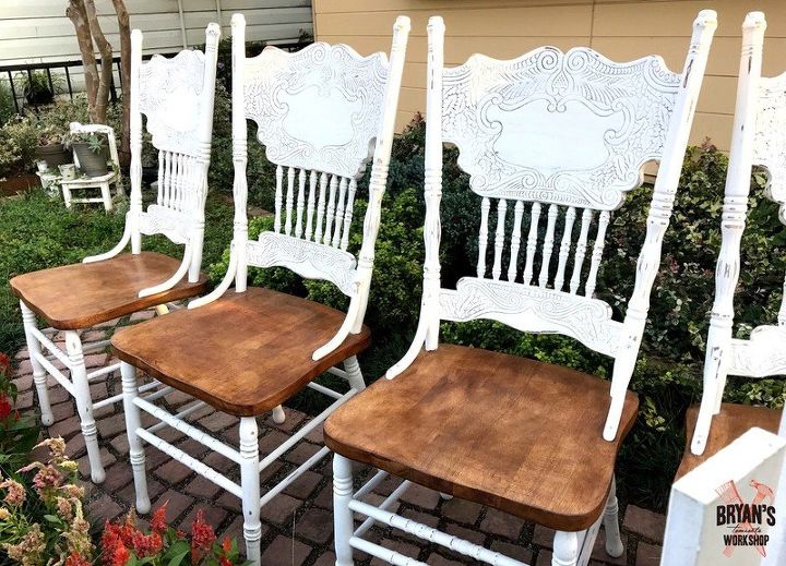 chalk painted oak pressed back chairs