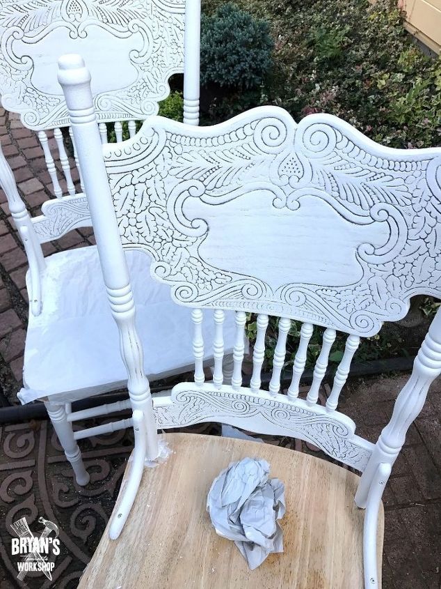 chalk painted oak pressed back chairs