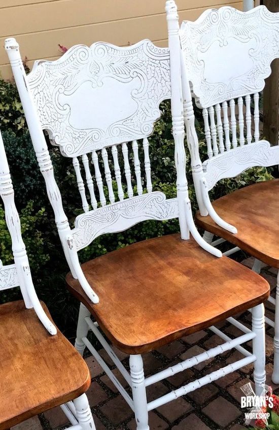 chalk painted oak pressed back chairs