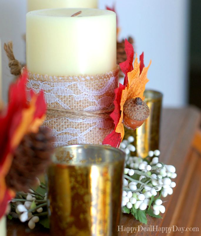 decoraciones de otoo vela con arpillera y hojas