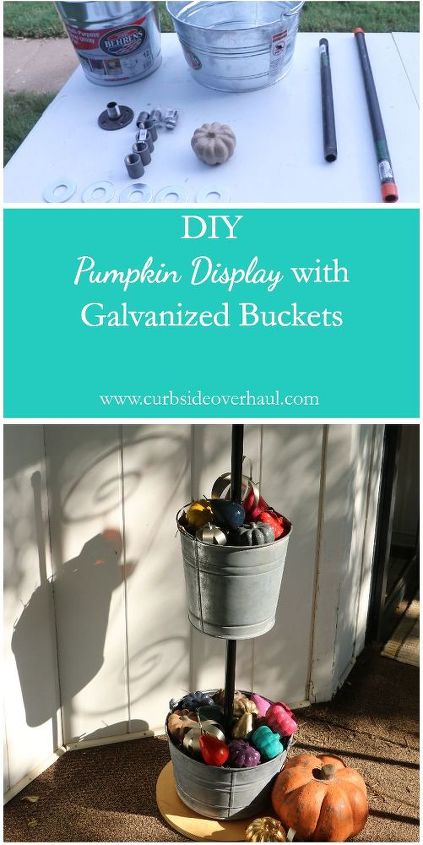 fall porch decoration with galvanized buckets