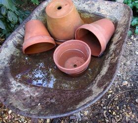 wheelbarrow water feature our fairfield home garden, Arrange pots and fill with water