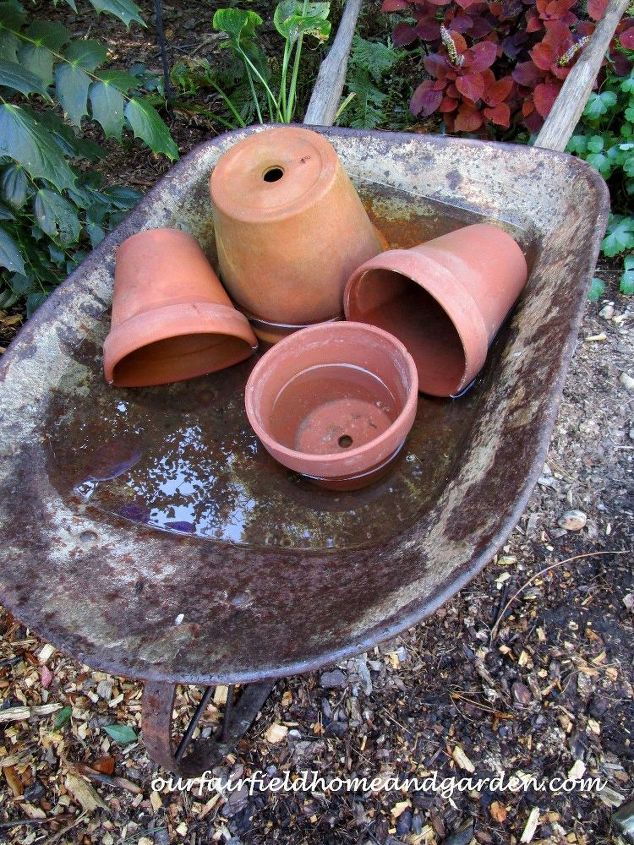 wheelbarrow water feature our fairfield home garden, Arrange pots and fill with water