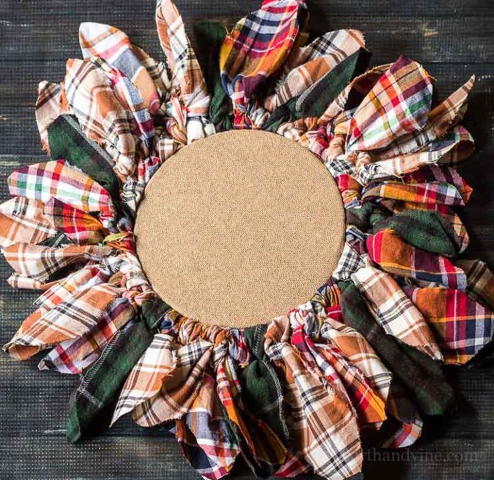 recycled embroidery hoop fall wreath with flannel shirts