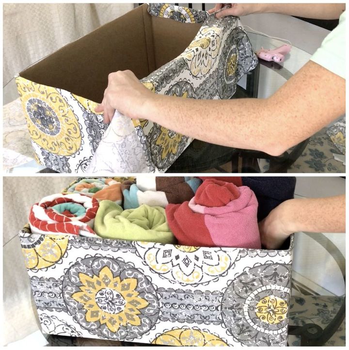 s 30 brilliant things you can make from cheap thrift store finds, Wrap Boxes in Fabrics for Vibrant Organizers