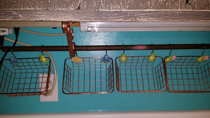 hanging copper baskets in the kitchen