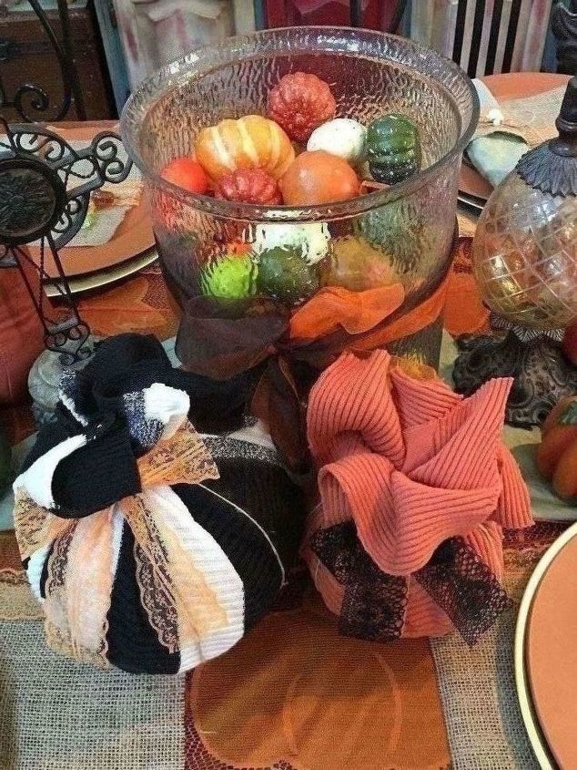 repurpose your old sweaters into fall harvest decorations, Adds depth to my dining table center piece
