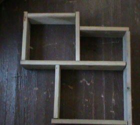 three different types of open shelving made out of scrap wood