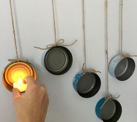 s here comes the light 3 great iight ideas, Step 7 Tie cans to hanger add tea lights