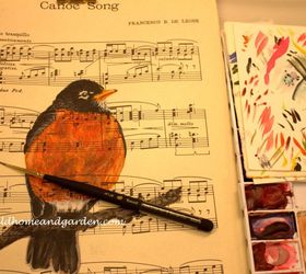 paint on vintage sheet music a tutorial, American Robin in watercolor on sheet music