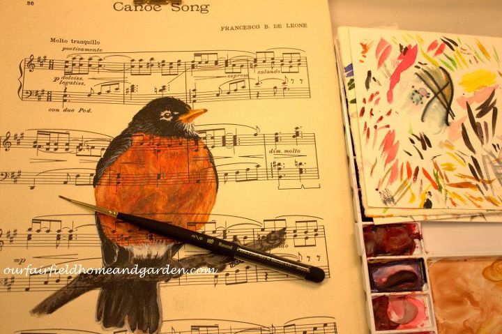 pintando sobre partituras vintage um tutorial, Robin americano em aquarela na partitura