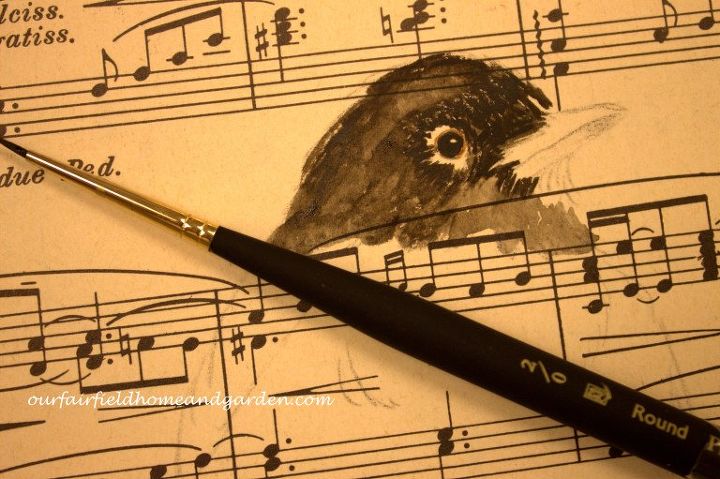 pintando sobre partituras vintage um tutorial, Lavagem de cor e detalhes de penas