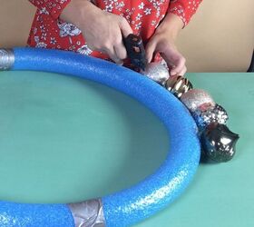 grab some pool noodles and copy these 3 ideas, Step 3 Hot glue large ornaments