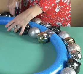 grab some pool noodles and copy these 3 ideas, Step 4 Glue ornaments to inner edge