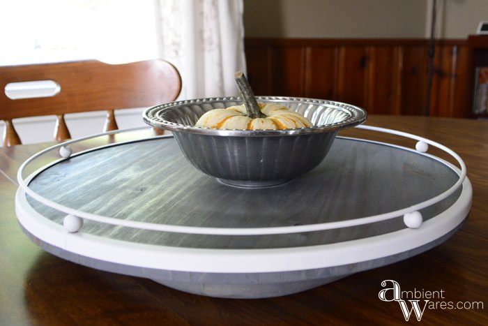 wooden lazy susan tray using a salvaged table lamp piece