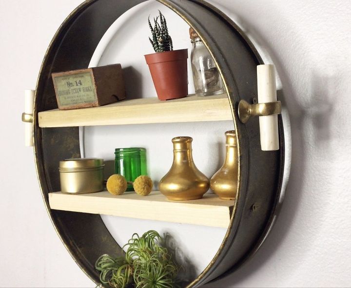 turn a cake pan into a shelf more clever repurposing ideas, Step 9 Hang on wall and fill shelves