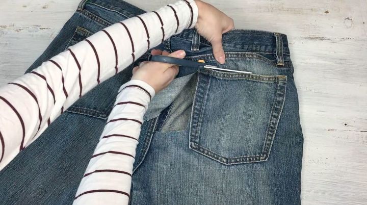 s step by step upcycle your old clothing items for these great ideas, Step 1 Cut out pocket of jeans