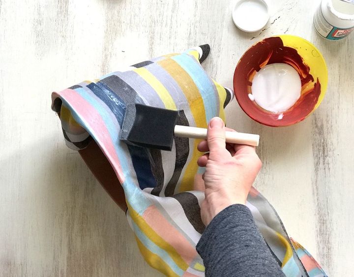 s step by step upcycle your old clothing items for these great ideas, Step 2 Mod Podge scarf onto pot