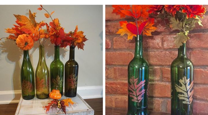 convierte las botellas de vino en decoraciones otoales, Botella de vino pintada DIY