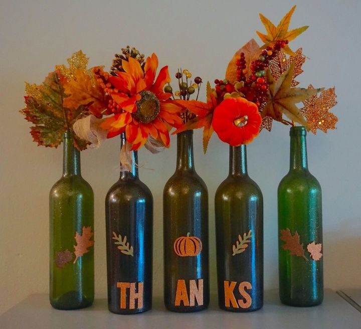 convierte las botellas de vino en decoraciones otoales, Decoraciones de oto o agradecidas
