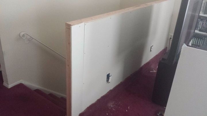how to build a half wall at top of staircase, sheetrock half wall next to stairs and red carpet