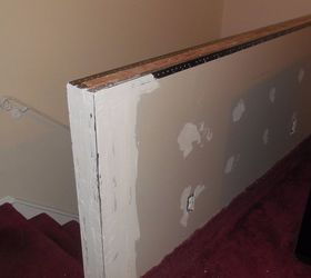 how to build a half wall at top of staircase, half wall with patches of spackle