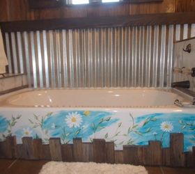 barnwood tin bathroom renovation, Flowered Picket Fence Bathtub
