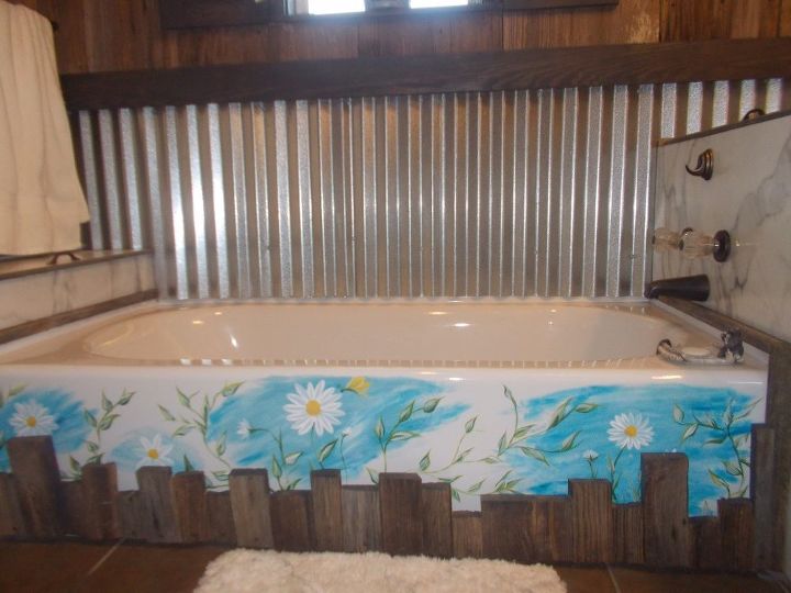 reforma de banheiro de madeira lata, banheira com cerca de flores