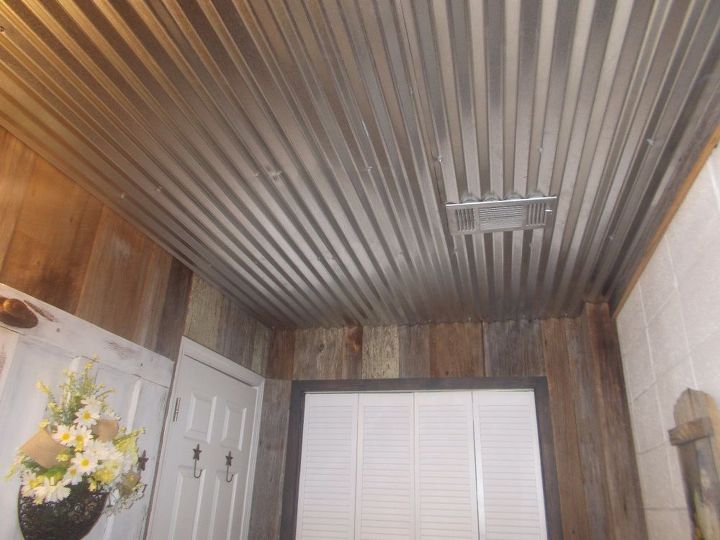 barnwood tin bathroom renovation, Tin ceiling