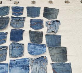 She cuts 25 pockets out of old jeans, arranges them in rows, and does this on her wall