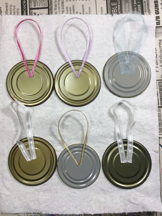 tin can lid ornaments, Glue on ribbon yarn hanger