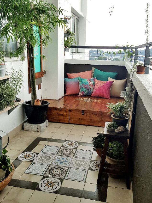 my bohemian balcony makeover built a mini deck stained stenciled, The deck and the floor decal