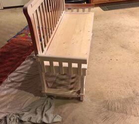 repurposed baby bed to entryway bench, Skirt and Arm Rest