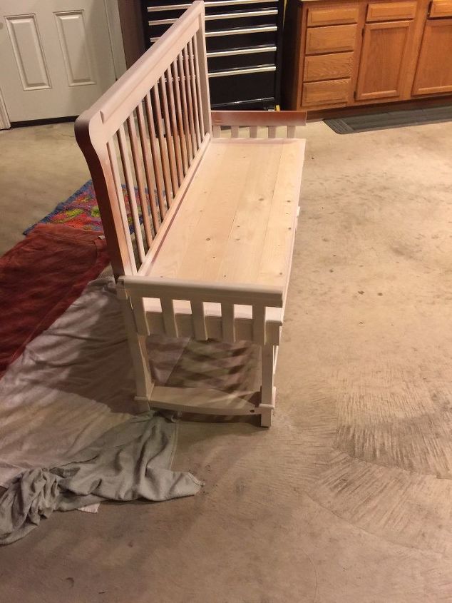 repurposed baby bed to entryway bench, Skirt and Arm Rest