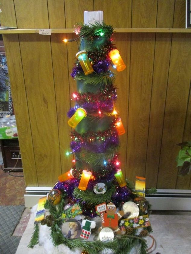 multiple repurposed container christmas tree and pill bottle lights