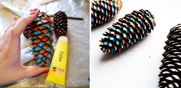 manualidad de adornos navideos de conos de pino